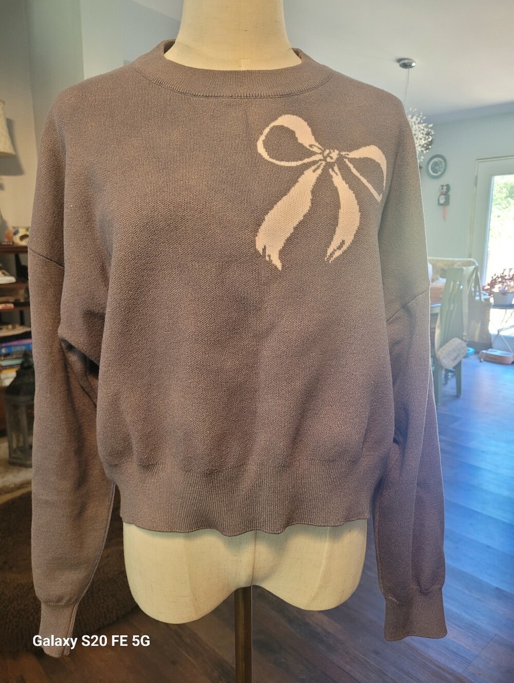 Stella Tweed Grey With Pink Bow Ribbon Graphic Balletcore Size XL Cozy Pullover